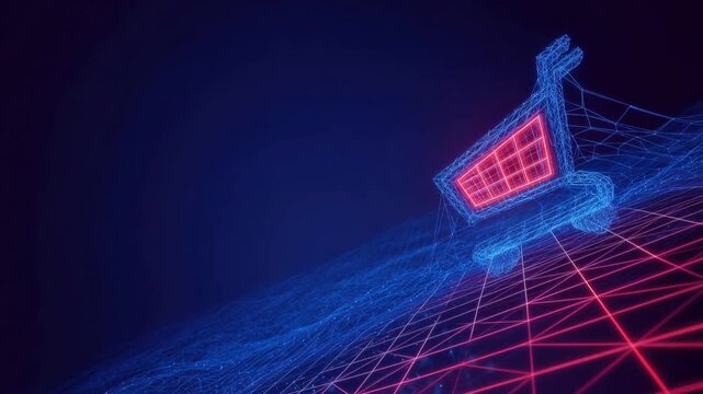 Digital shopping cart, embodying the essence of online retail, with a striking neon aesthetic against a dark backdrop. ..Created with Generative AI, not depicting real subjects.