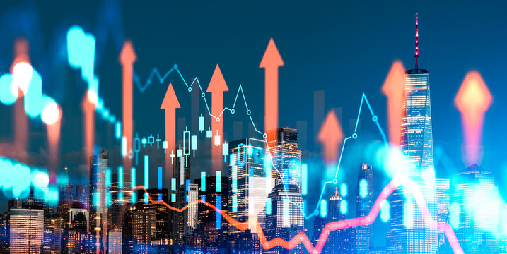City skyline with illuminated forex charts and arrows in creative style on a night background, concept of market rise and future invest