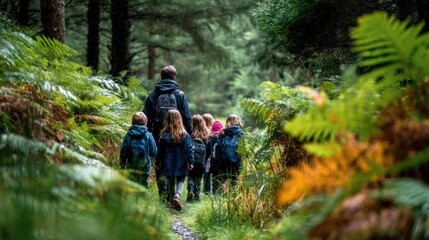 Obraz premium Schoolchildren Exploring Forest Trail with Teacher
