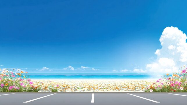 青空と海を望むビーチ前の駐車場