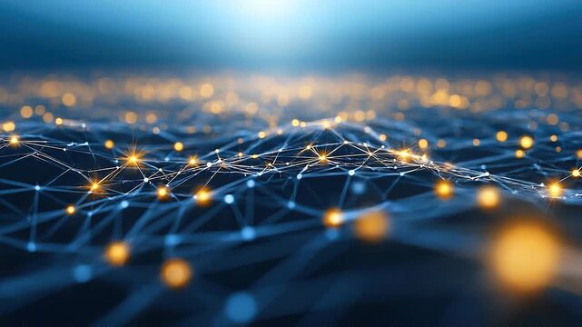 Seamless loop AI network landscape animation, distributed intelligence system, futuristic data ecosystem.