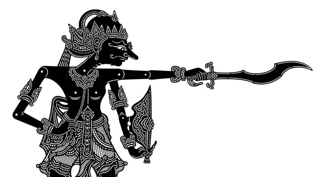 Wayang Kulit Shadow Puppet Warrior with Sword and Shield, Traditional Indonesian Art