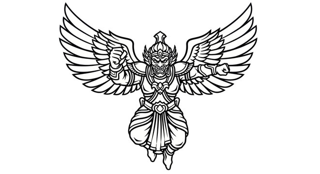 Mythical Garuda Warrior with Wings, Fierce Expression, Warrior Outfit, Flying Pose