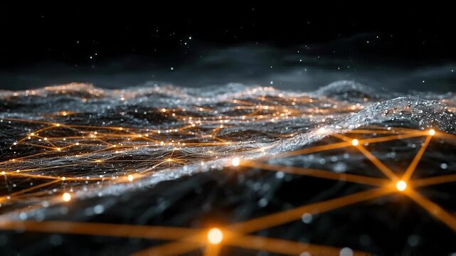 Seamless loop AI network landscape animation, distributed intelligence system, futuristic data ecosystem.