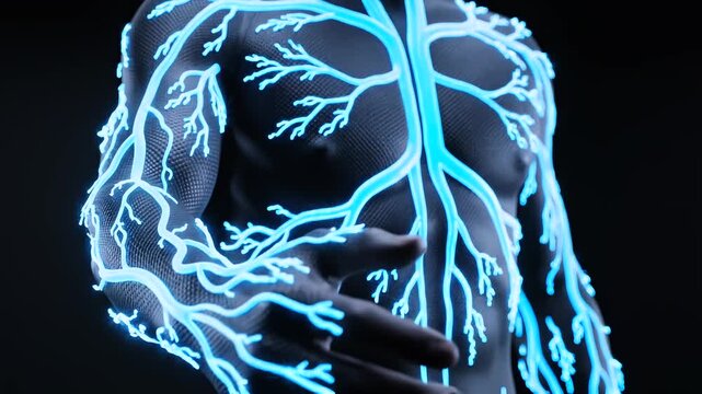 man standing in a dark minimal space while glowing vascular pathways illuminate across the chest and arms, visualizing blood circulation, oxygen flow and internal transport systems