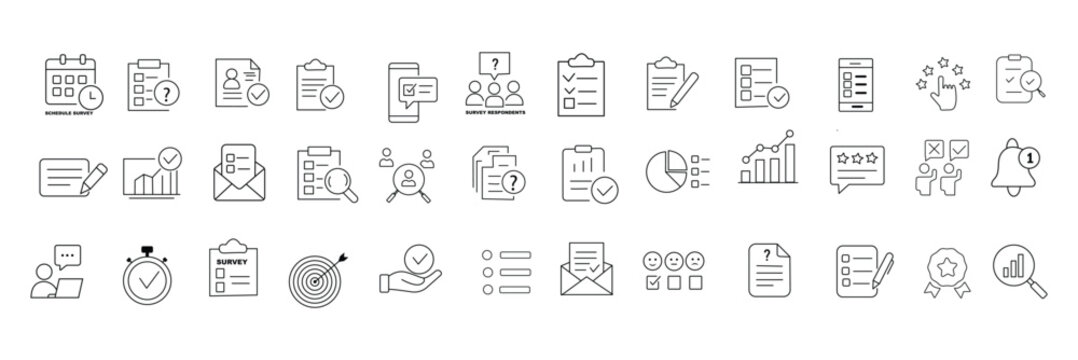 Survey icon. Including data collection, product, customers, satisfaction, reporting, social media. Solid vector icons collection