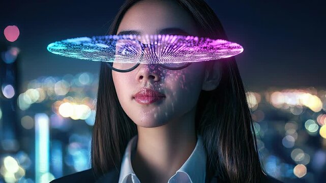 Seamless loop AI digital intelligence reflection, futuristic decision analytics background.