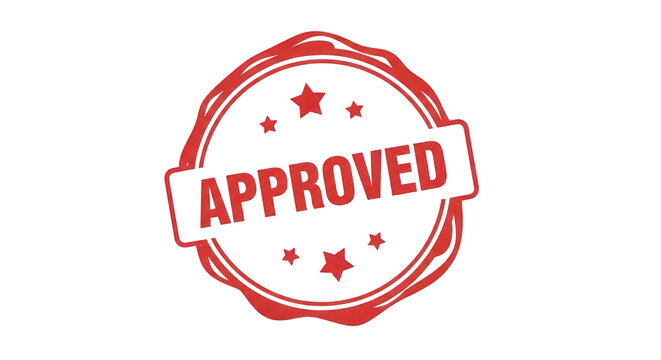 Red approved stamp with starburst edges isolated on transparent background