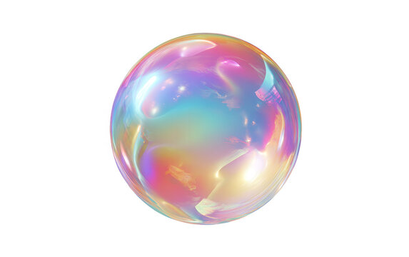 Une bulle iris&eacute;e aux reflets arc-en-ciel multicolores flottant d&eacute;licatement sur un fond blanc pur, symbolisant la l&eacute;g&egrave;ret&eacute; et la magie.