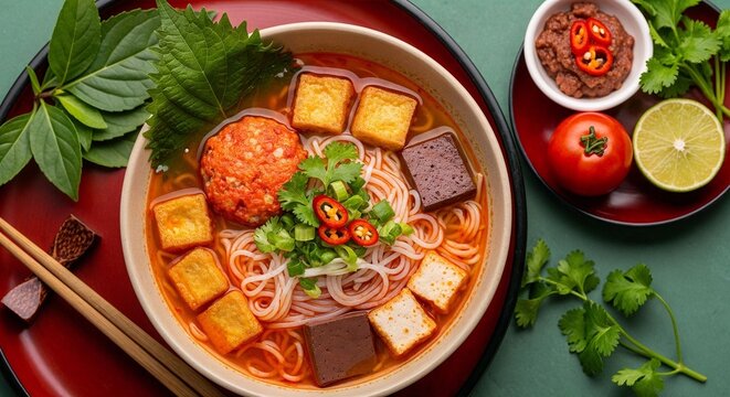 Vietnamese b&uacute;n ri&ecirc;u in artistic overhead flat lay with vibrant tomato-crab broth