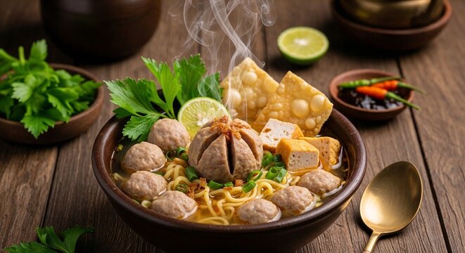 Indonesian bakso meatball soup in traditional earthenware bowl, rich golden beef broth with bouncy meatballs yellow egg noodles tofu cubes and crispy fried wonton crackers