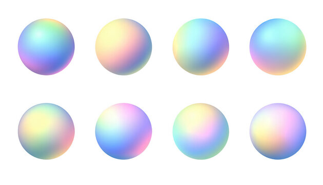 Huit sph&egrave;res abstraites avec un d&eacute;grad&eacute; pastel iris&eacute; et doux, cr&eacute;ant un effet holographique sur un fond blanc pur.