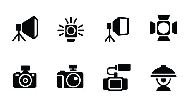 Minimalist icon set of studio lighting equipment for photography vector illustration lighting gear collection