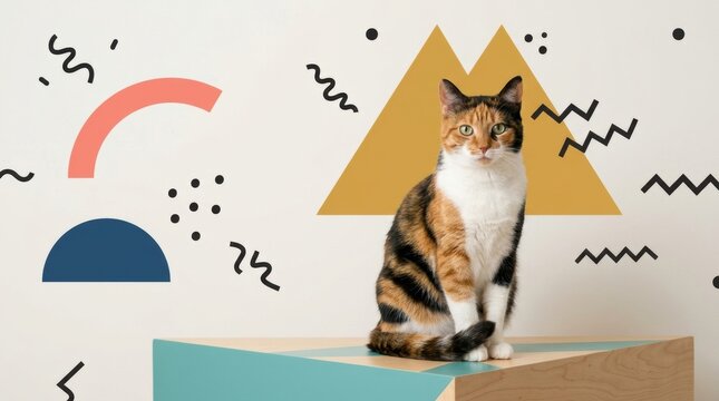 Calico Domestic Cat Posed Against Playful Memphis Style Geometric Wall