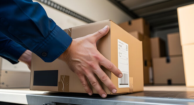 Man loading box into truck cargo logistics scene .transport work delivery service and supply chain operations in industrial environment concept.