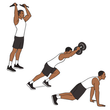An illustrated depiction shows a man performing a dumbbell row exercise sequence in three distinct stages of motion high quality professional detailed