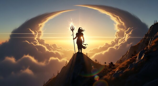 Lord Shiva silhouette standing on a mountain peak while holding a glowing trident against a bright golden sunset in the clouds