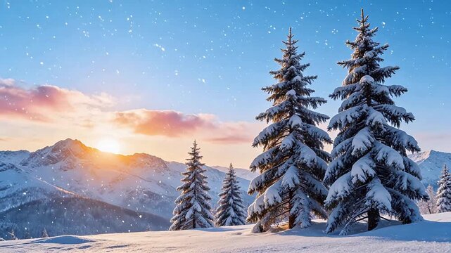 Snowy pine trees in mountain landscape