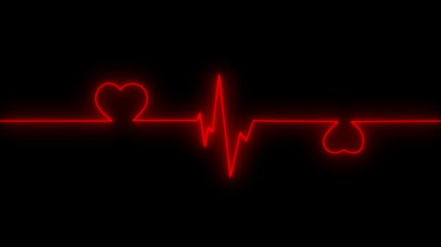 Heartbeat lifeline with glowing neon heart symbol on black background, smooth ECG pulse animation ideal for medical, health care, love.