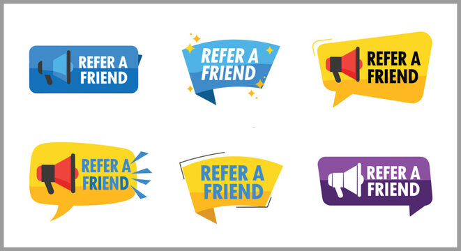 Refer a friend banner icons set with megaphone speech bubbles minimal flat vector collection marketing promotion design