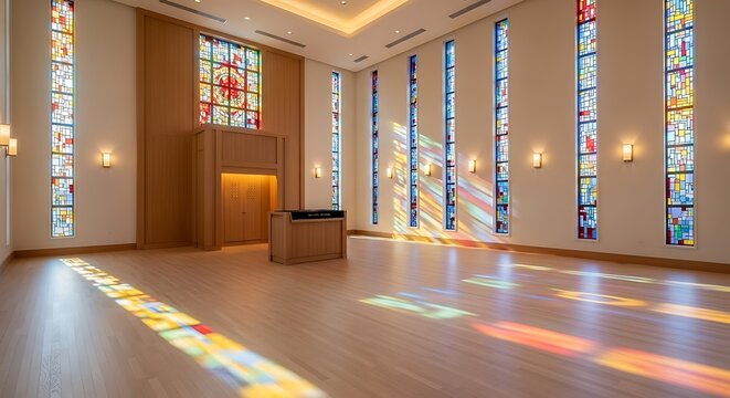 Modern chapel interior with stained glass windows casting colorful light patterns on polished wooden floor and altar area