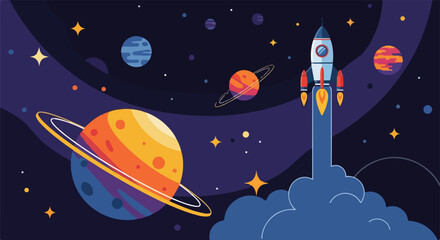A rocket blasts off into a starry night sky with planets © Barkun