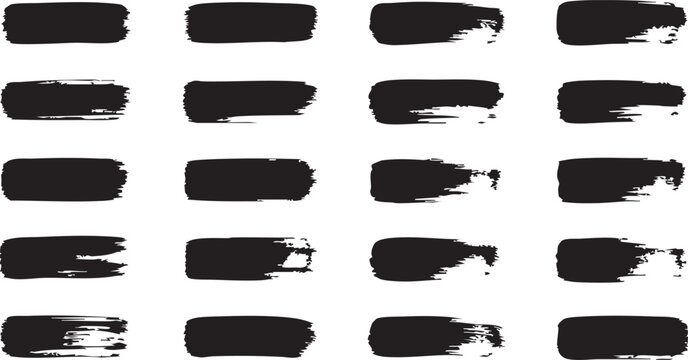 Grunge black ink brush strokes set, 20 textured paint smear vector elements, hand drawn artistic charcoal lines for graphic design and borders