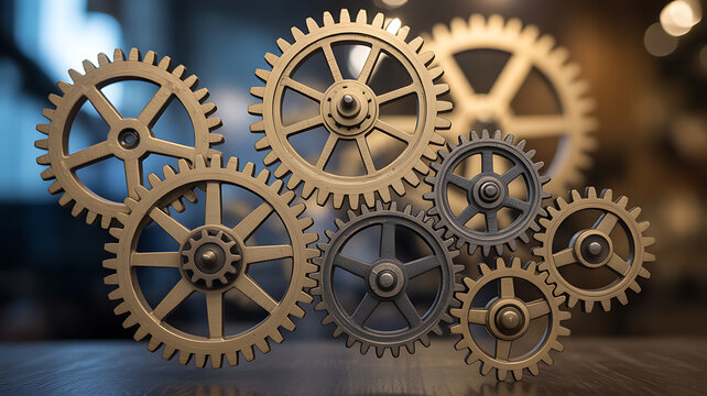 Mechanical gears on wooden surface symbolizing luxury, elegance, and premium quality