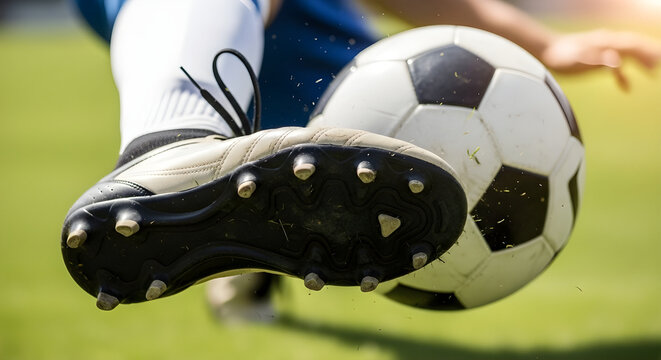 Foot stopping ball with sole in abrupt motion sports scene .control precision agility and dynamic action in competitive soccer gameplay moment.