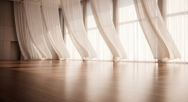 Sunlit dance studio with flowing sheer curtains and polished wooden floor reflecting natural light creating an airy and peaceful atmosphere