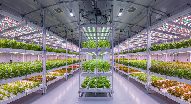 Modern indoor vertical hydroponic farm with multi-layer shelving units under artificial LED lighting, wide angle symmetrical shot, professional industrial agriculture facility.