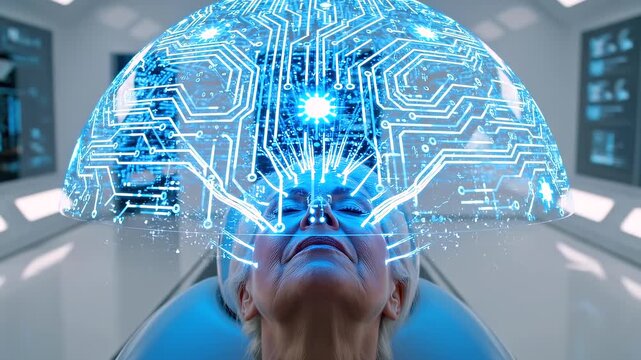 Woman head as neural activity expands outward into a structured signal dome, visualizing brain processing, cognitive amplification and controlled data flow in a futuristic neurotechnology environment