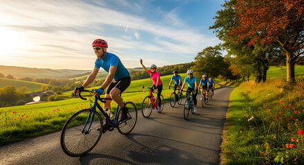 Fototapeta premium A group of diverse cyclists riding road bikes on a rural paved road through scenic rolling green hills during a vibrant sunset light