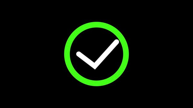 Animated reveal of a white check mark icon inside a green circle on black background. Clean tick approval symbol animation.