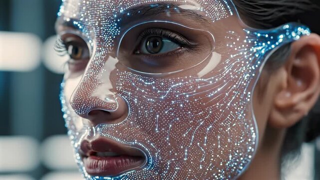 Woman face close-up side view as epithelial layer maps across skin surface in scan environment, illustrating facial structure analysis, dermatology diagnostics, biometric tracking and technology