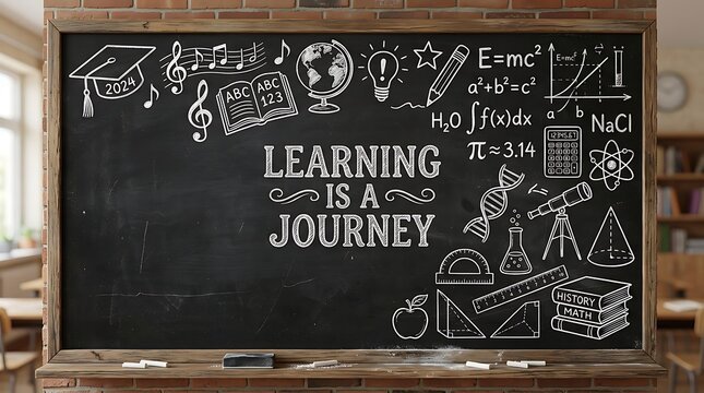 A chalkboard with learning is a journey written on it in a classroom setting with various educational icons