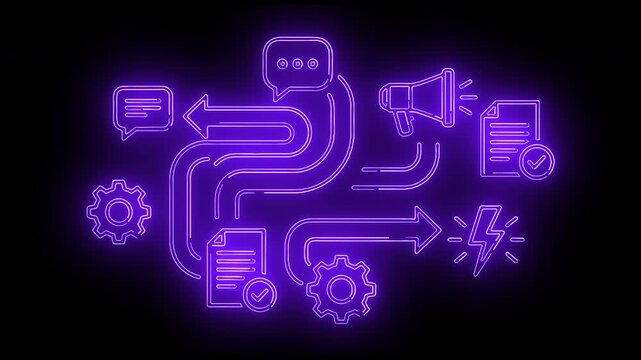 Neon purple flowchart diagram with glowing icons on a black background.