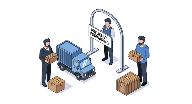 Isometric illustration of freight forwarding concept with truck and workers.