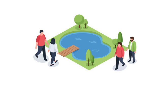 Isometric illustration of people near a pond with trees and a diving board.