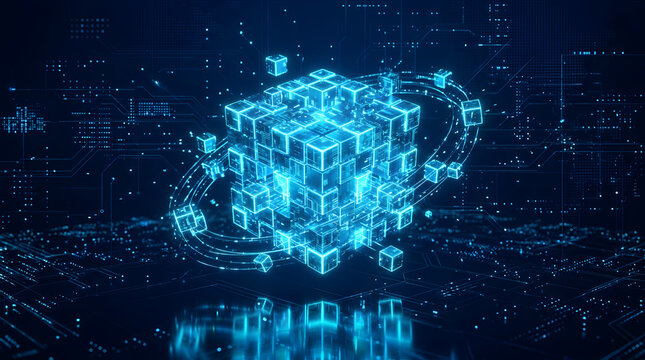 Glowing blue modular cube floating in dark digital space representing blockchain technology and decentralized network systems.