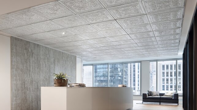 Modern White Pressed Metal Ceiling Tiles With Geometric Patterns In An Office Interior
