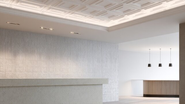 Geometric white pressed metal ceiling tiles with recessed lighting in a modern interior space