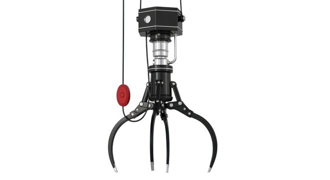 A mechanical claw with three curved prongs and a red oval object on a wire