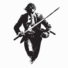 Fototapeta premium Young Man in Suit Running with Sword Silhouette Front View Vector