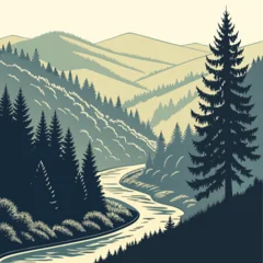 Fotobehang Beige A serene landscape depicts a winding river flowing through a lush valley framed by layers of forested mountains and a prominent evergreen  © shahin10