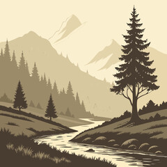 Fototapeta premium A serene landscape depicts a winding river flowing through a valley framed by majestic mountains and lush evergreen trees high quality professional