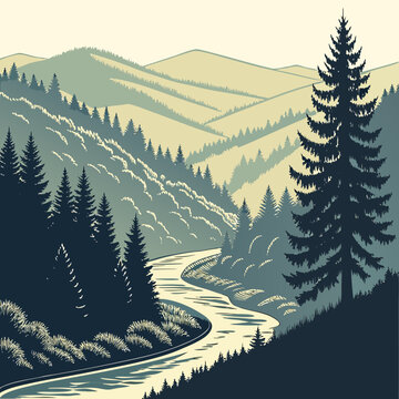 A serene landscape depicts a winding river flowing through a lush valley framed by layers of forested mountains and a prominent evergreen