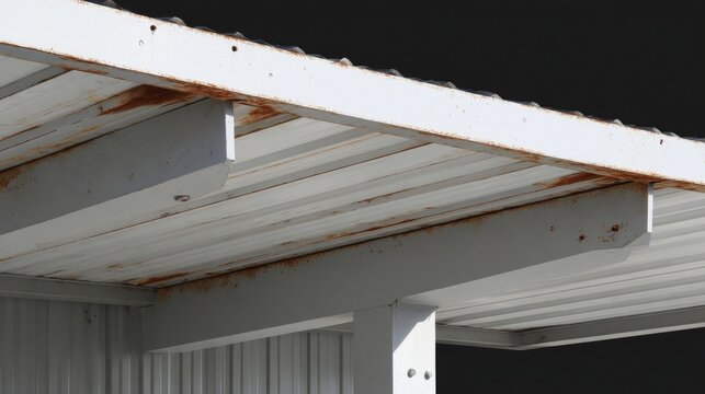 White Corrugated Metal Ceiling Sheeting with Visible Rust Streaks and Structural Supports