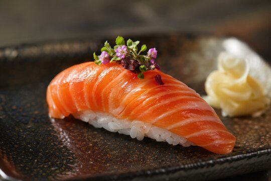 Fresh salmon nigiri sushi decorated with delicate purple flowers and microgreens on a dark ceramic plate in a Japanese restaurant, vibrant orange fish texture, gourmet