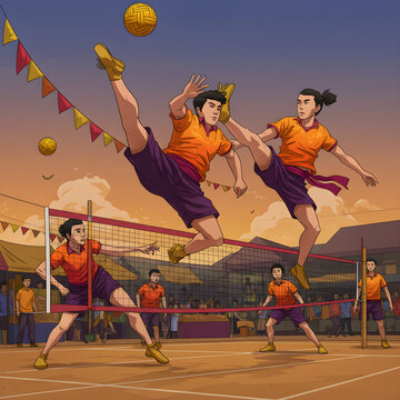 Asian athletes playing sepak takraw match on outdoor court with sunset background digital illustration dynamic composition